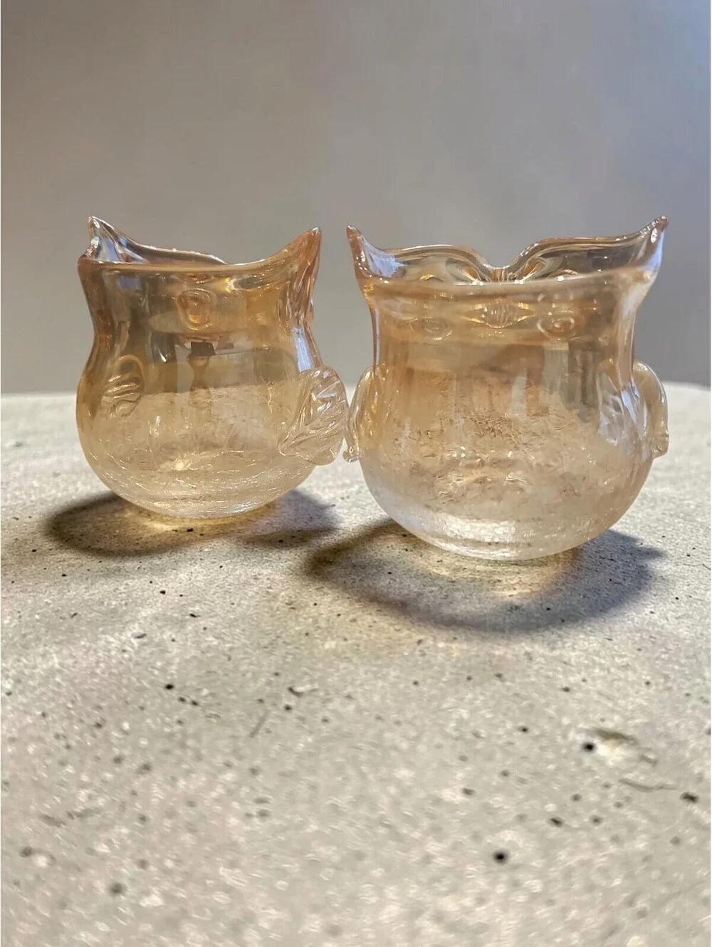 Set of 2 Amber Iridescent Crackle Glass Owl Votive Tealight Holders Pier